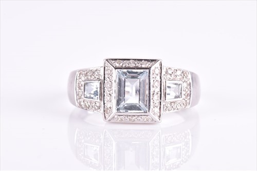 Lot 548 - An 18ct white gold, diamond, and aquamarine...
