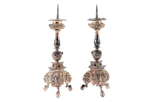 Lot 335 - A pair of 18th century English prickett alter...