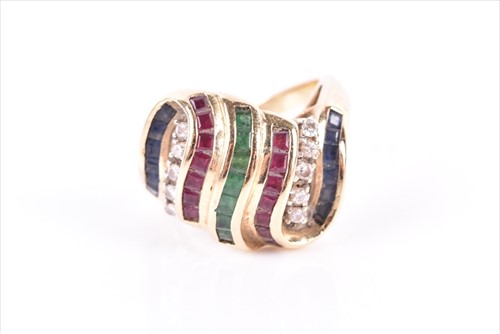 Lot 578 - A 14ct yellow gold, diamond, ruby, sapphire,...