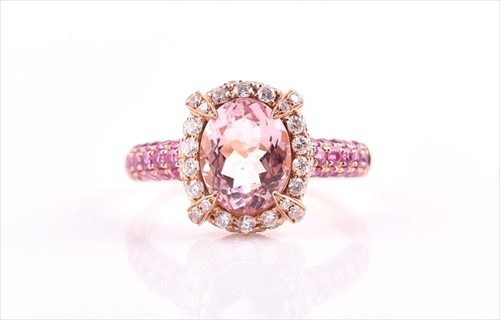 Lot 577 - An 18ct rose gold, diamond, pink sapphire, and...