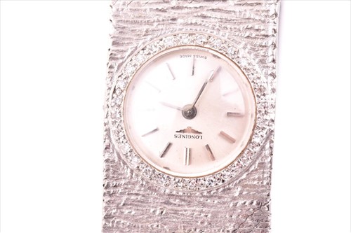 Lot 442 - A ladies white gold Longines watch hallmarked...