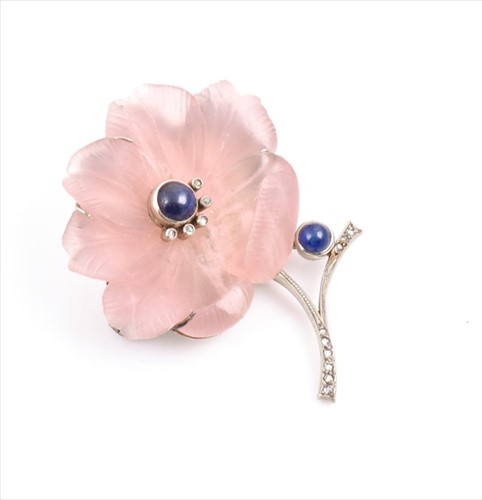 Lot 647 - A Continental 14ct white gold, rose quartz,...