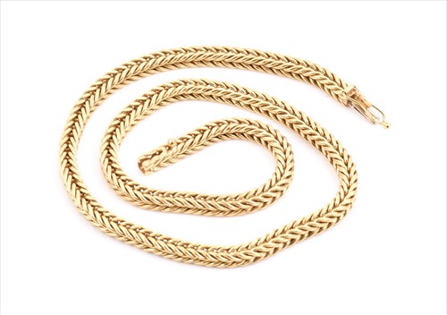 Lot 597 - A yellow metal rope-twist chain necklace...
