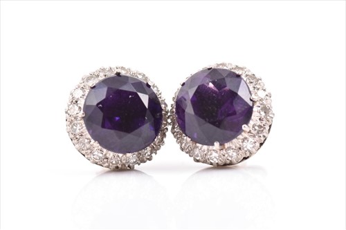 Lot 659 - A pair of diamond and amethyst cluster...