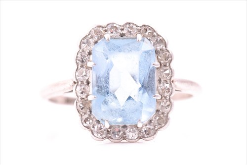 Lot 529 - An 18ct white gold, diamond, and aquamarine...