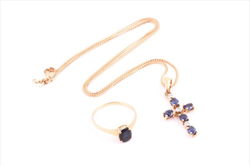 Lot 524 - An 18ct yellow gold, diamond, and sapphire...