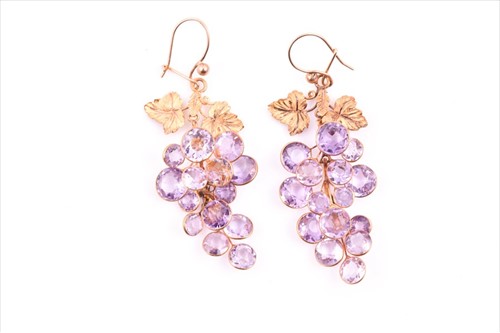 Lot 534 - A pair of yellow metal and amethyst cluster...