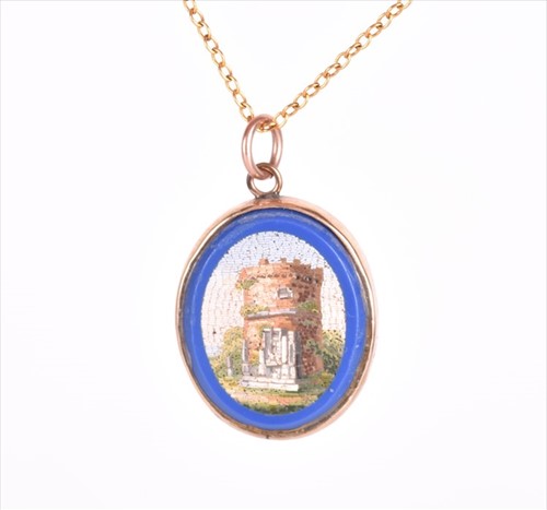 Lot 603 - A yellow metal mounted micro mosaic pendant...