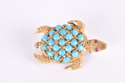 Lot 597 - An Italian yellow metal and turquoise turtle...
