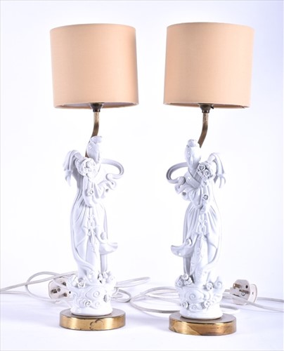 Lot 180 - A pair of Chinese Blanc de Chine figural table...