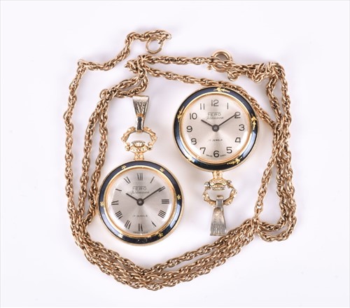 Lot 557 - Two gilt metal and enamel fob watches by Fero,...