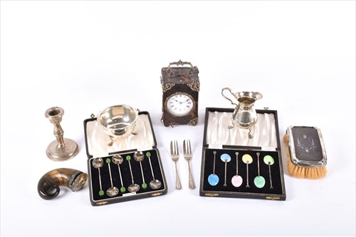 Lot 489 - A cased of English silver enamelled teaspoons...
