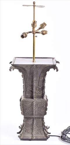 Lot 125 - A Chinese archaic bronze Gu style lamp with...