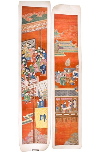 Lot 152 - A Pair of large Chinese painted scroll panels...