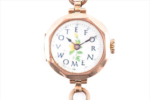 Lot 445 - A 9ct gold cased Suffragette watch with...