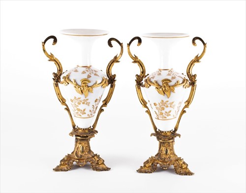 Lot 220 - A pair of 19th century ormolu mounted opaline...