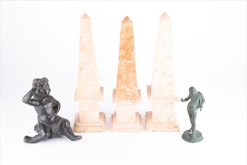 Lot 228 - A 20th century pink marble obelisk together...