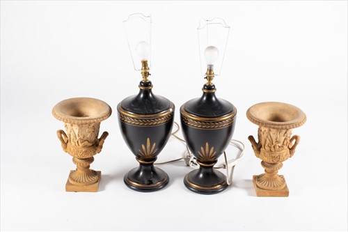 Lot 223 - A pair of decorative toleware lamps together...