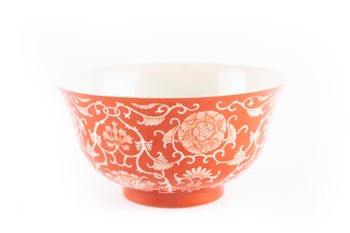 Lot 131 - A Chinese Qing dynasty coral red reverse...