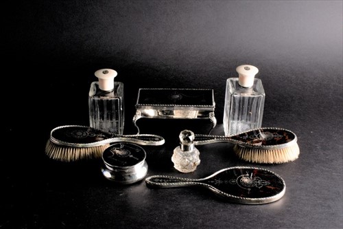 Lot 344 - A matched silver and tortoiseshell dressing...