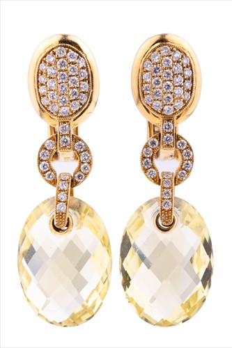 Lot 496 - A pair of 18ct yellow gold, diamond, and lemon...