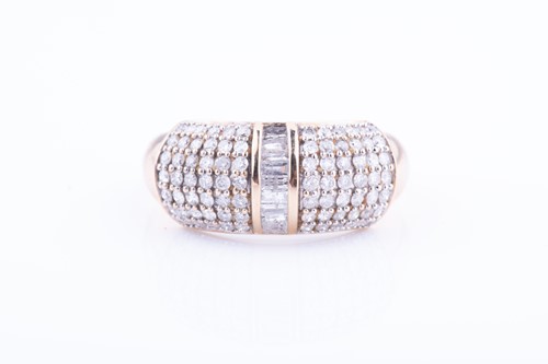 Lot 444 - A 9ct yellow gold and diamond ring centred...