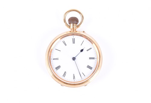Lot 458 - An 18ct yellow gold open-faced pocket watch...