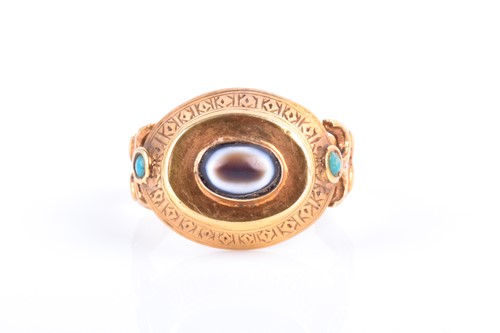 Lot 723 - A yellow metal, banded agate, and turquoise...