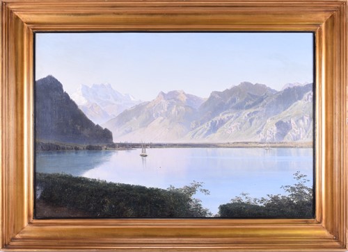 Lot 70 - A Continental lake scene, with a sailing boat...