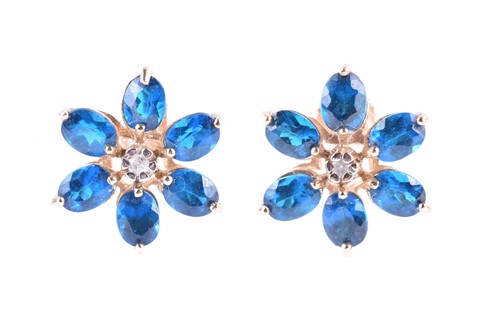 Lot 886 - A pair of 9ct yellow gold and neon blue...