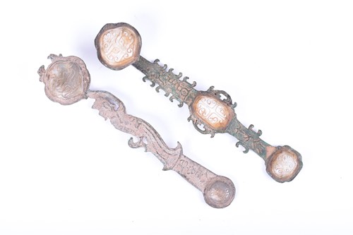 Lot 123 - Two Chinese Ruyi scepters each with inset...