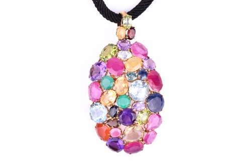 Lot 388 - A yellow metal and multi-gem pendant of oval...