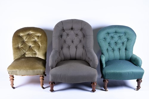 Lot 138 - Three button-back easy chairs, all with turned...