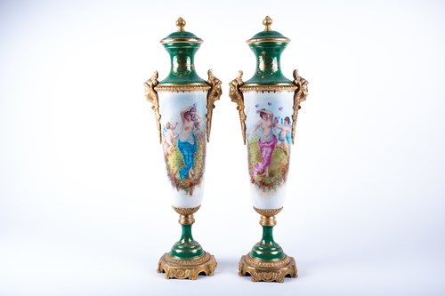 Lot 213 - A pair of Sevres style porcelain vases and...