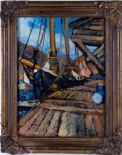 Lot 12 - CARL ELDING (Swedish): Sailing boat in dock,...