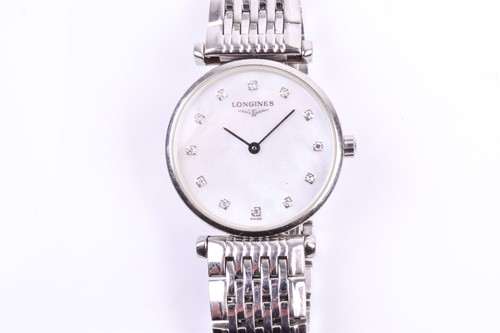 Lot 359 - A Longines ladies stainless steel wristwatch,...