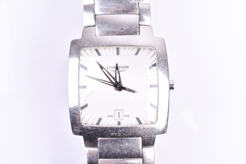 Lot 391 - A Longines stainless steel wristwatch, the...