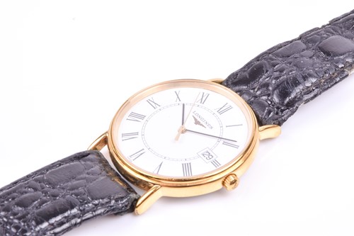 Lot 342 - A Longines gold plated wristwatch, the white...