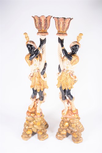 Lot 261 - A pair of large 20th century blackamoors, wood...