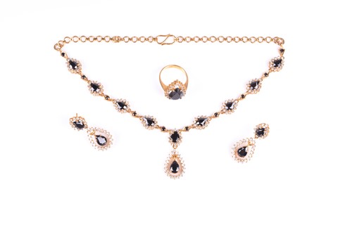 Lot 347 - A yellow metal and gem-set suite comprising, a...
