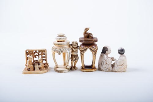 Lot 85A - Three Japanese ivory okimono and a netsuke,...