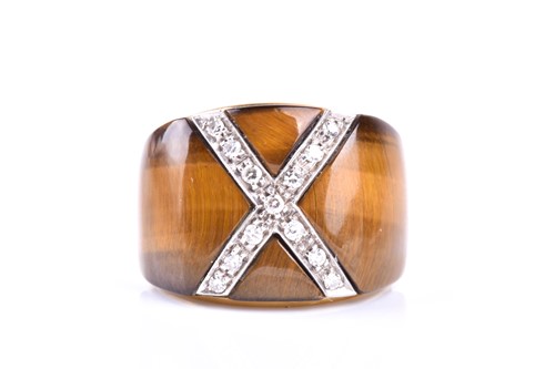 Lot 437 - A yellow metal, diamond, and tigers eye...