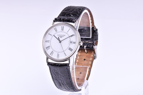 Lot 184 - A Longines stainless steel wristwatch, the...