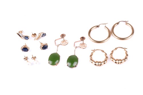 Lot 353 - A pair of yellow metal and jade drop earrings,...