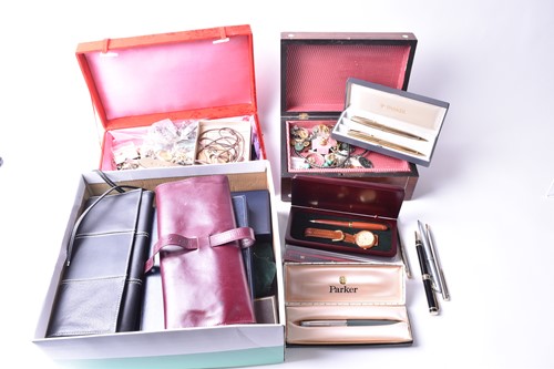 Lot 591 - A quantity of pens, watches, silver, white...