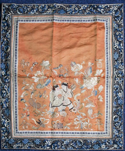 Lot 216 - A Chinese silk and gilt thread embroidery,...