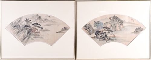 Lot 168 - A pair of early 20th Chinese painted silk, fan,...
