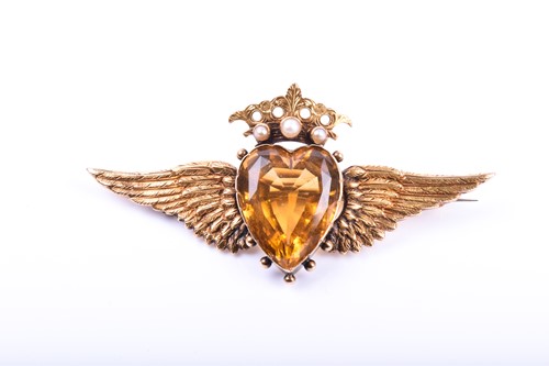 Lot 666 - A yellow metal, citrine, and pearl brooch, set...