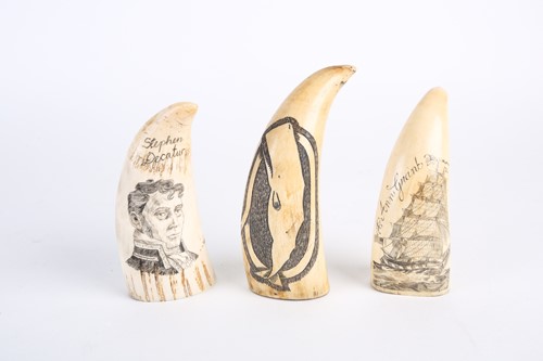Lot 483 - Three whale tooth scrimshaws, all with later...