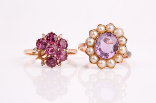 Lot 183 - A yellow metal, amethyst, and pearl cluster...